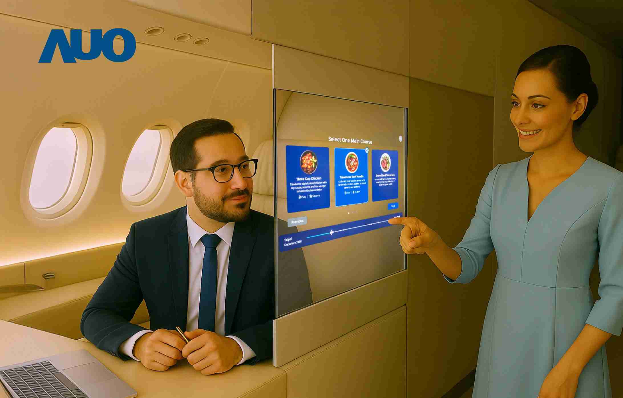 28国际研发全球最薄17.3 吋双面透明 Micro LED 显示器，，，可在同一屏幕之双边投射不同信息，，创造独特的”透明化”互动；图为实时翻译交流应用情境